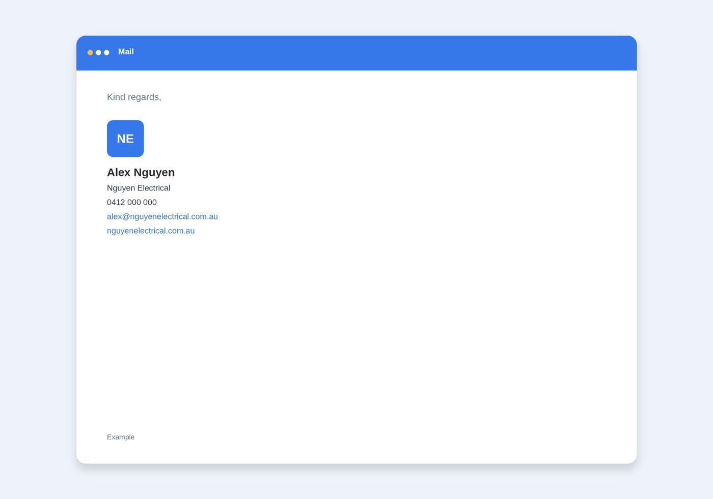Example email showing a copied signature with a logo, phone number and website