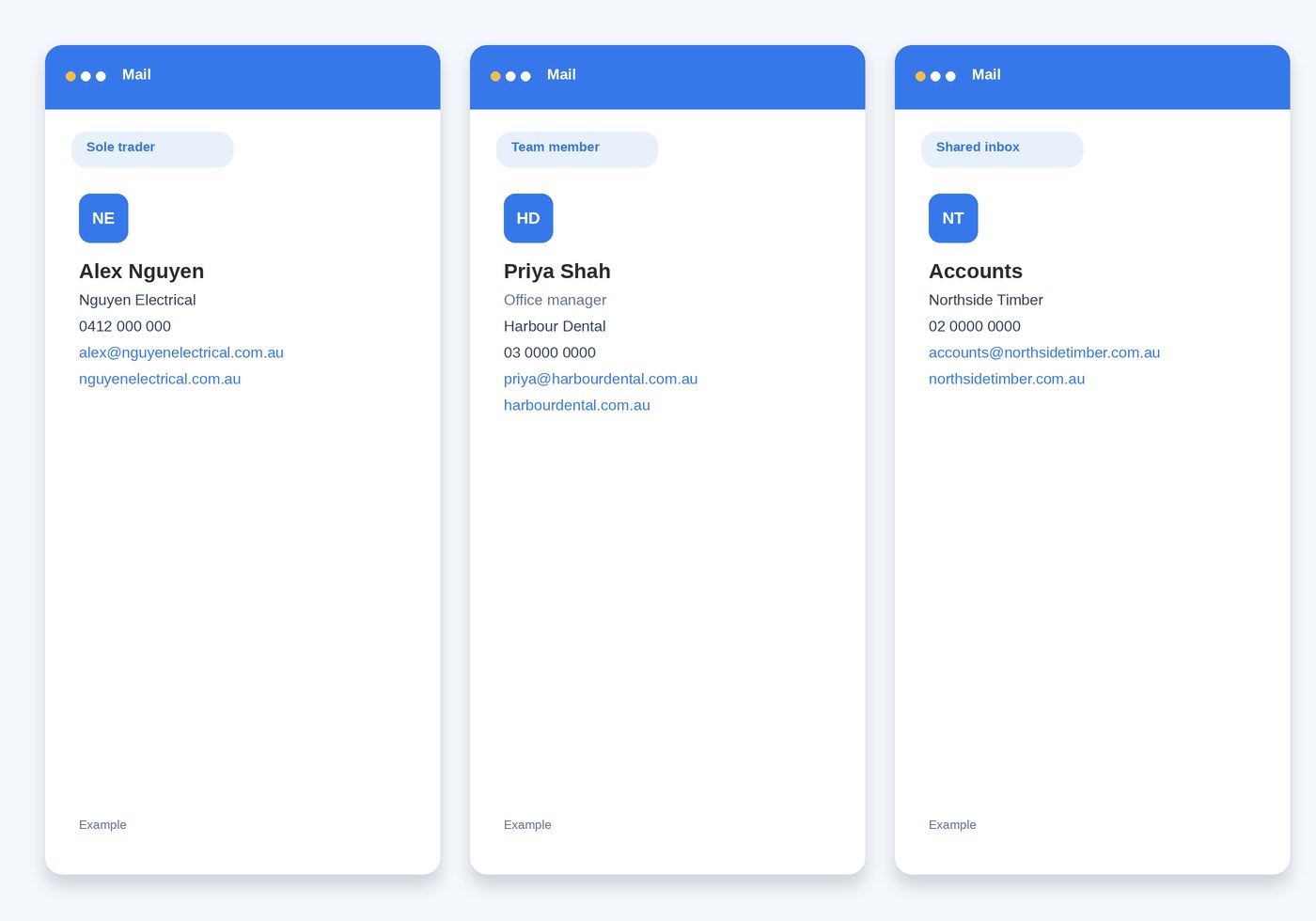Example sole trader, team member and shared inbox email signatures