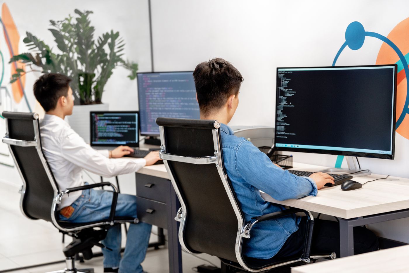 Two colleagues running a small hosting business from their office