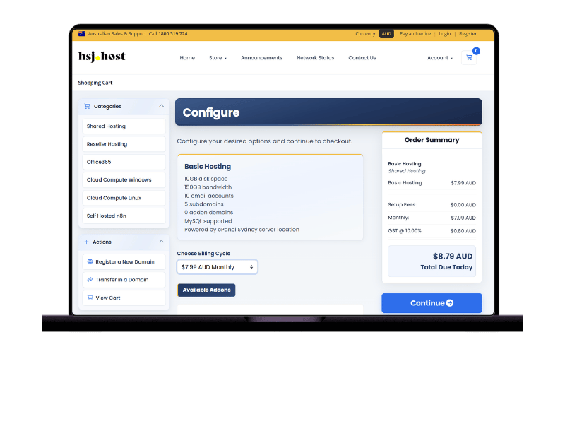 HSJ Host order checkout: configure Australian cPanel web hosting plan, billing cycle, and GST-inclusive total before deployment