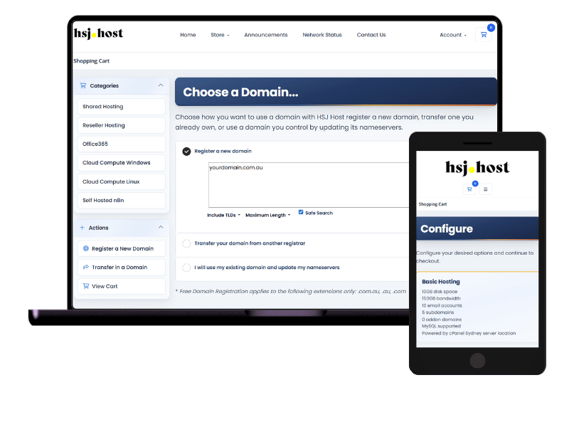 HSJ Host order checkout: configure Australian cPanel web hosting plan, billing cycle, and GST-inclusive total before deployment