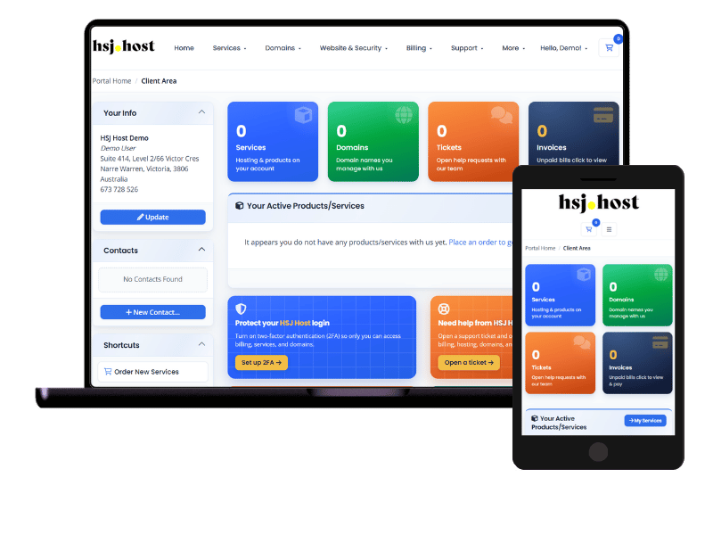 HSJ Host client portal: Australian web hosting account dashboard to manage domains, billing, invoices, and support tickets in one place