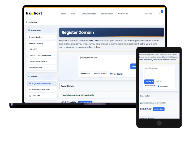HSJ Host client portal: Australian domain registration dashboard to search names and extensions, check live availability and pricing, add domains to your cart, and access hosting categories on desktop or mobile