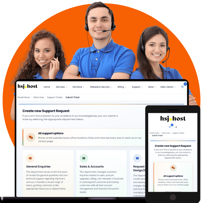 HSJ Host Australian support team with client portal and support ticket options on laptop and mobile