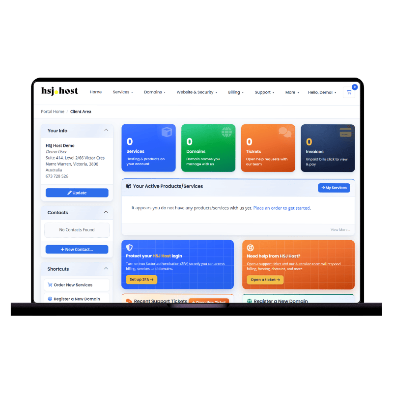HSJ Host client portal: Australian web hosting account dashboard to manage domains, billing, invoices, and support tickets in one place