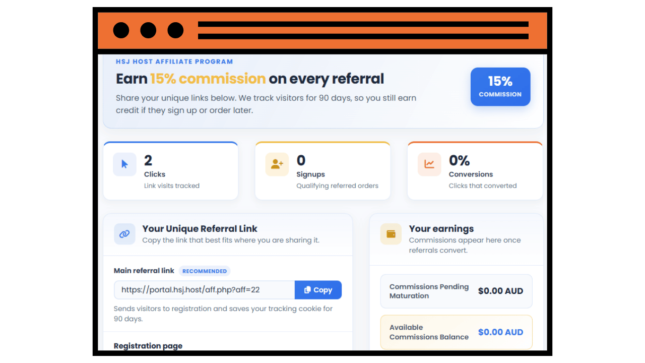 HSJ Host affiliate dashboard showing referral link, clicks, signups, conversions and earnings