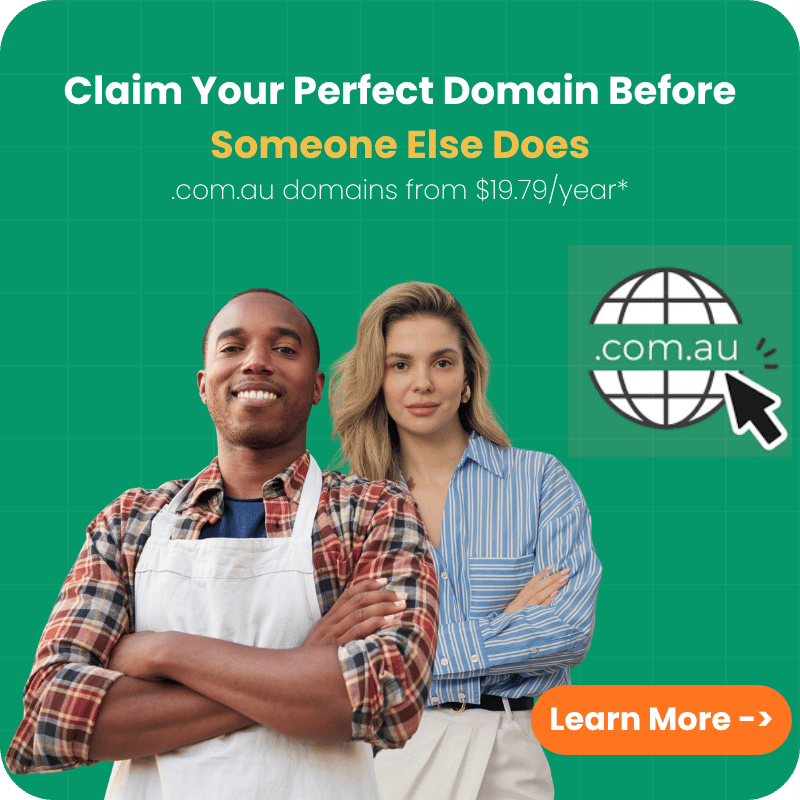 It all starts with a domain name — HSJ Host domain registration campaign showing .com.au and .au options with a Learn More button