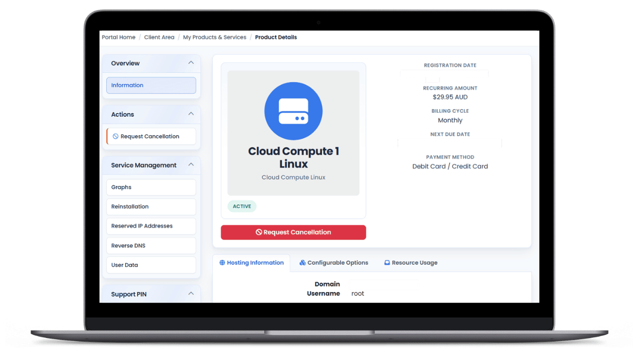 HSJ Host client portal product details for Cloud Compute Linux showing service management, billing and hosting information