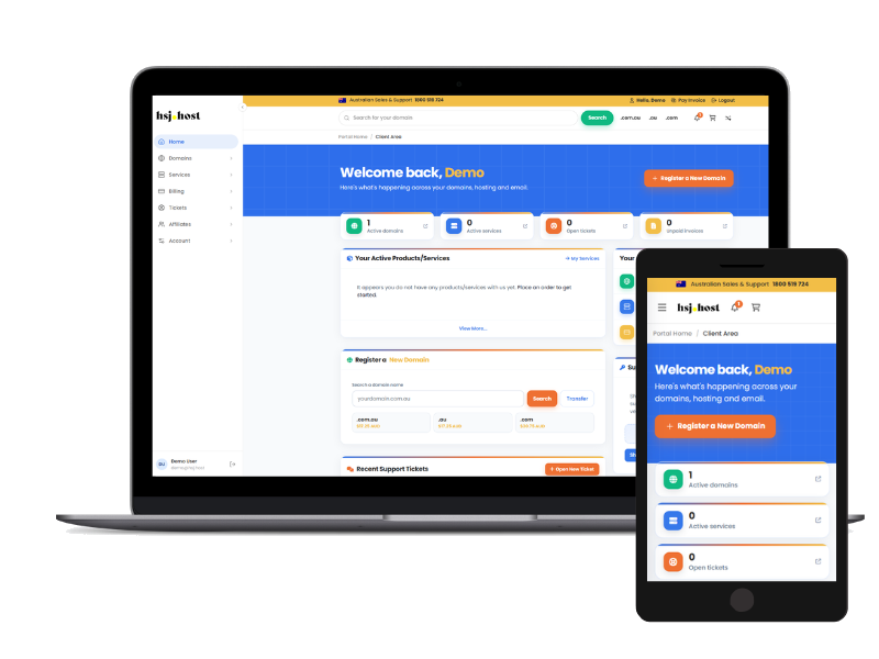 HSJ Host client portal: Australian web hosting account dashboard to manage domains, billing, invoices, and support tickets in one place