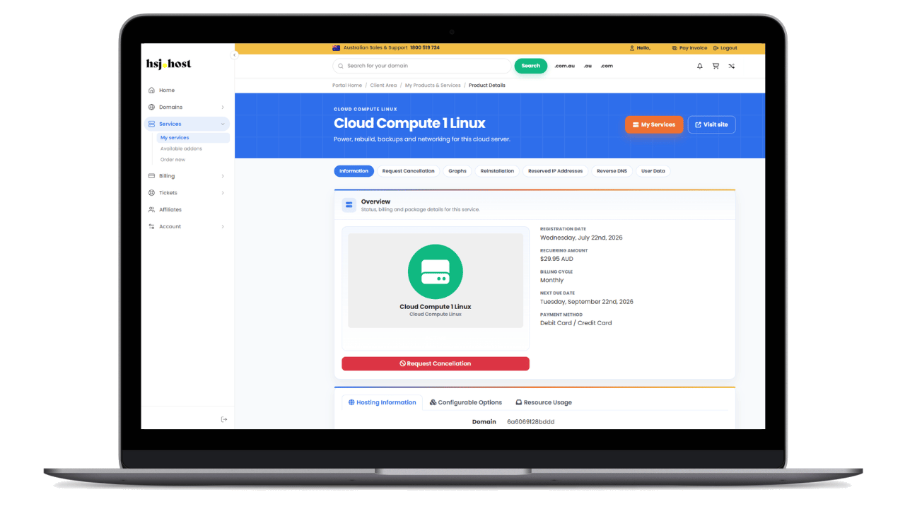 HSJ Host client portal product details for Cloud Compute Linux showing service management, billing and hosting information