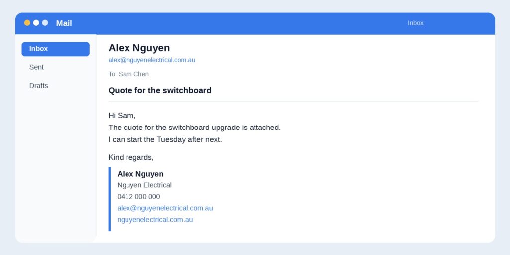 An email in a mail app from Alex Nguyen, with his professional email signature under the message