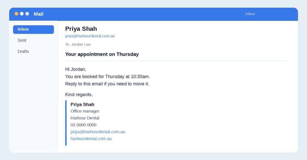 An email in a mail app from Priya Shah, with her professional email signature under the message